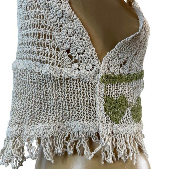 Women Boho Blouse Crop Top Crochet Small Ivory Green Hem Fringe Sleeveless V-Nec - Picture 15 of 16